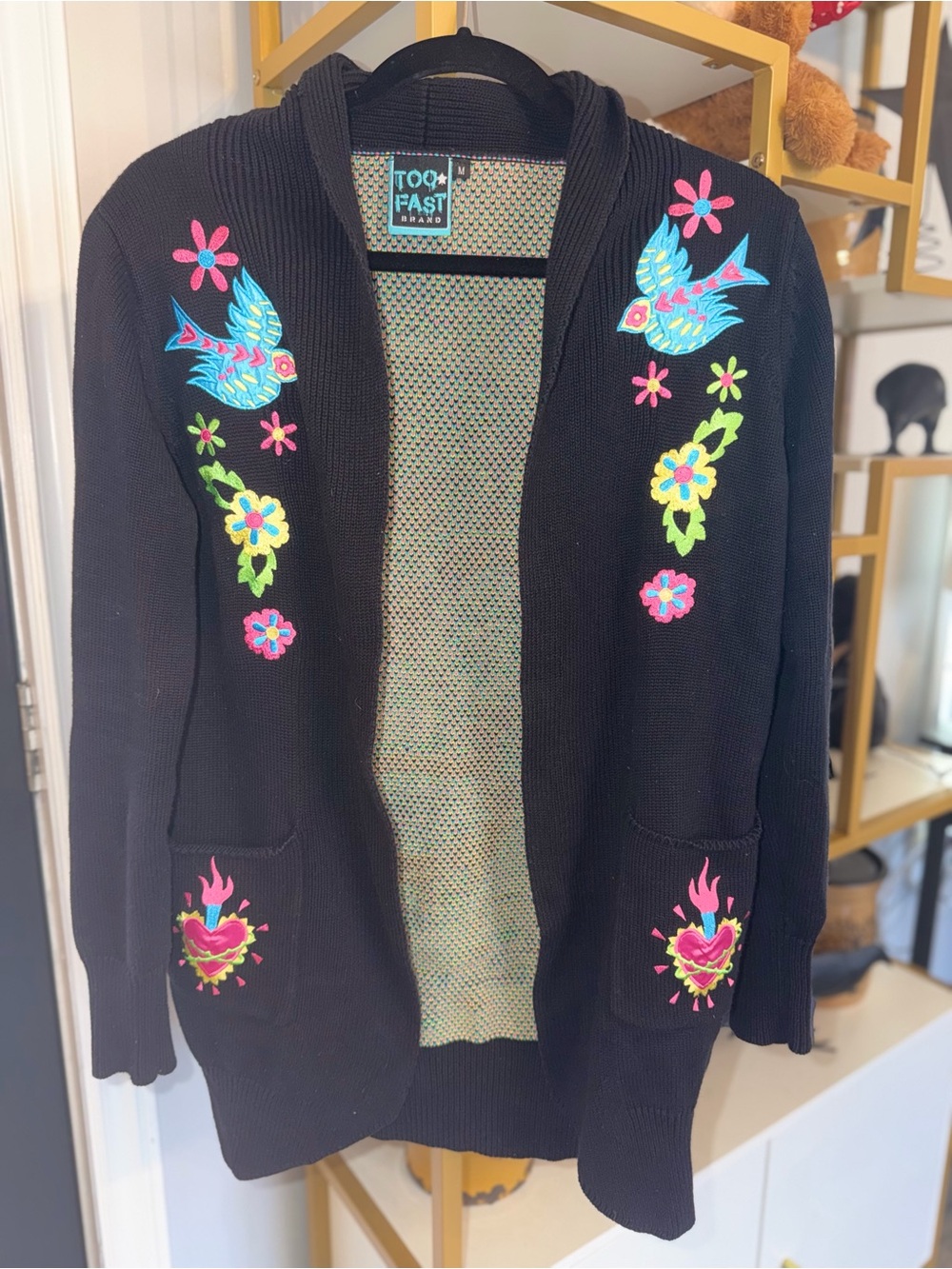 Too Fast Black Cardigan with Bright Embroidered Birds & Flowers